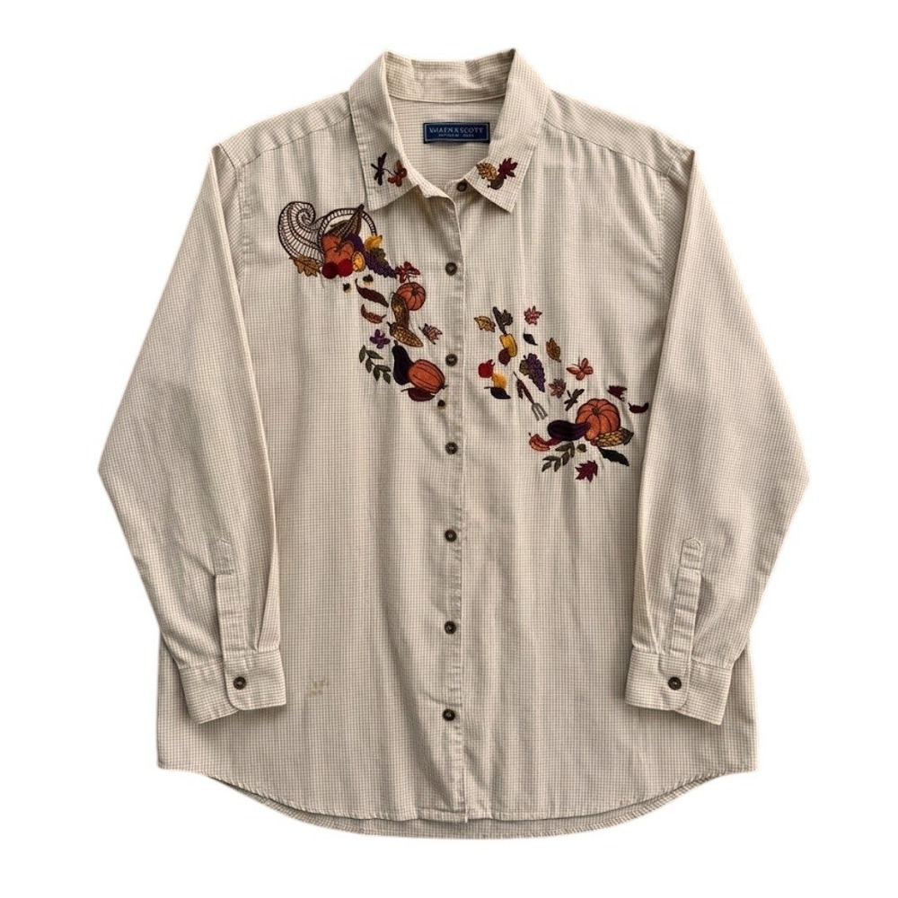 Vintage Retro Womens Tan Gingham Fall Embroidered Button Down Shirt 3X